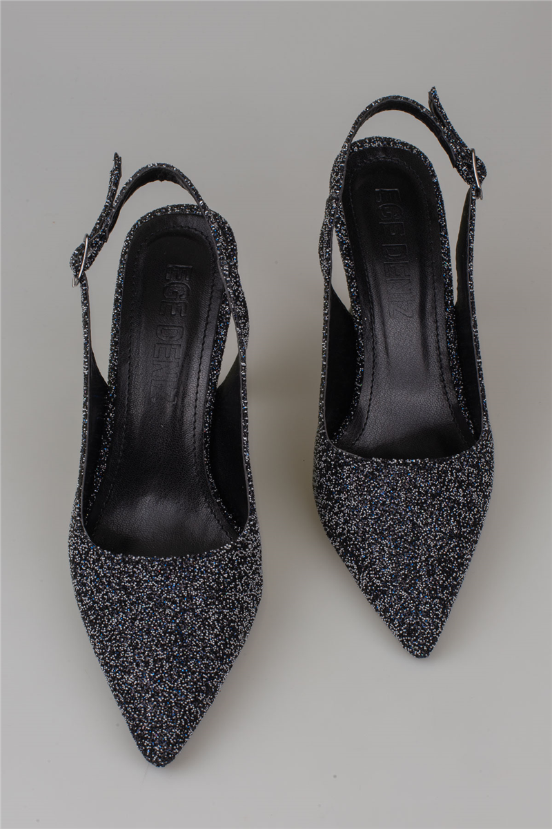 Trend Adımlar Siyah Kadın Simli Slingback Topuklu Ayakkabı