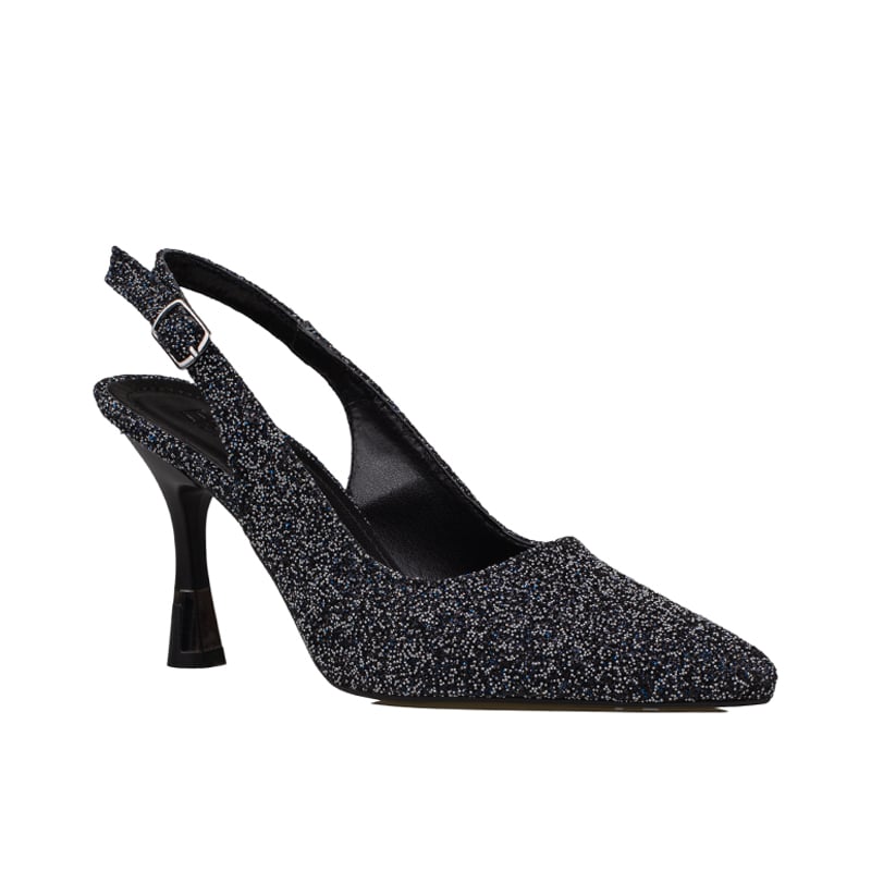 Trend Adımlar Siyah Kadın Simli Slingback Topuklu Ayakkabı