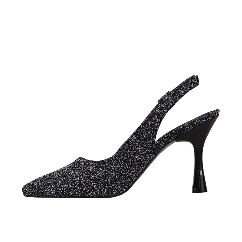 Trend Adımlar Siyah Kadın Simli Slingback Topuklu Ayakkabı