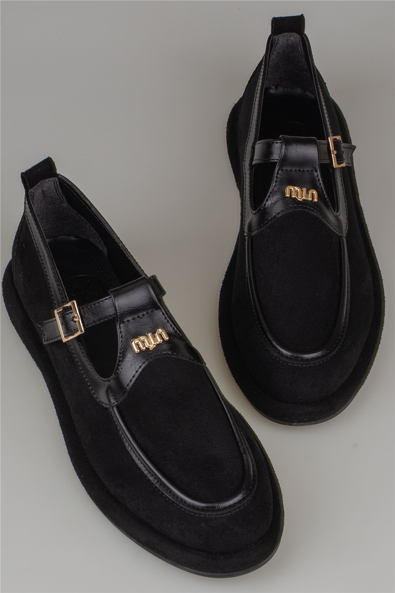Trend Adımlar Siyah Kadın Tokalı Süet Jane Loafer Ayakkabı