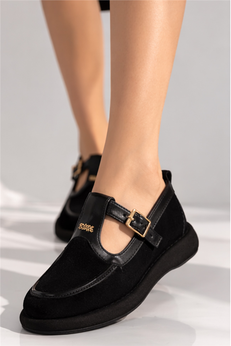 Trend Adımlar Siyah Kadın Tokalı Süet Jane Loafer Ayakkabı