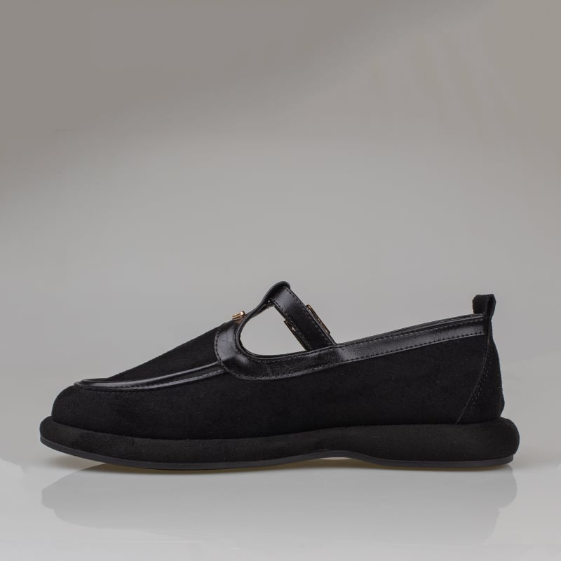 Trend Adımlar Siyah Kadın Tokalı Süet Jane Loafer Ayakkabı