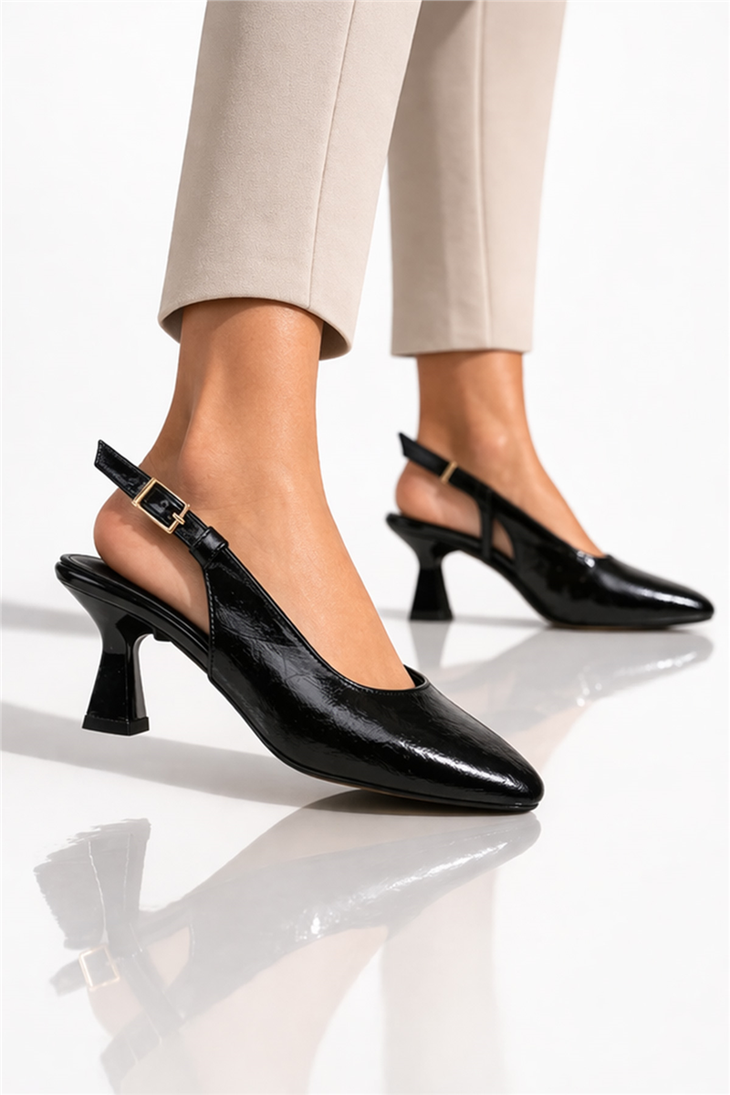 Trend Adımlar Siyah Kadın Topuklu Parlak Slingback Klasik Ayakkabı