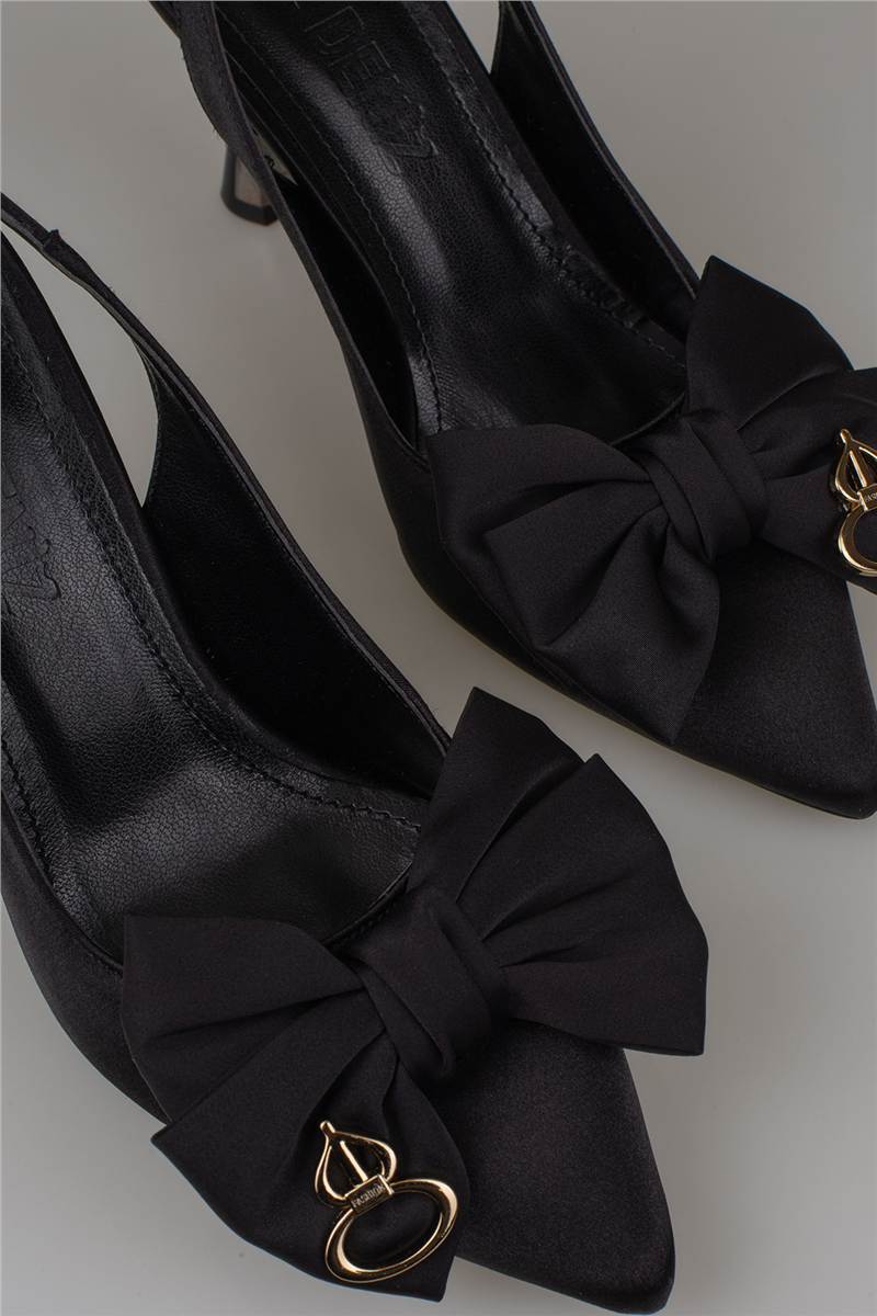Trend Adımlar Siyah Slingback Saten Kadın Fiyonk Detaylı Ayakkabı
