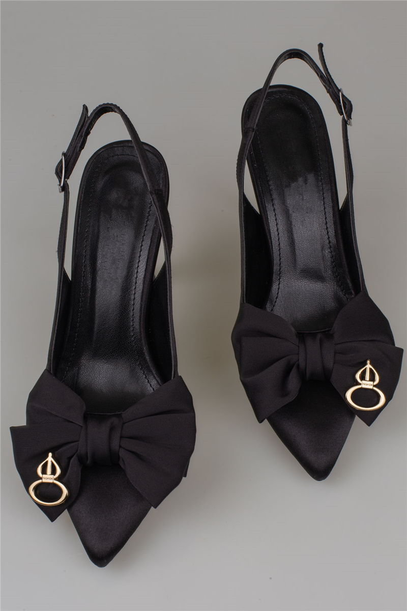 Trend Adımlar Siyah Slingback Saten Kadın Fiyonk Detaylı Ayakkabı