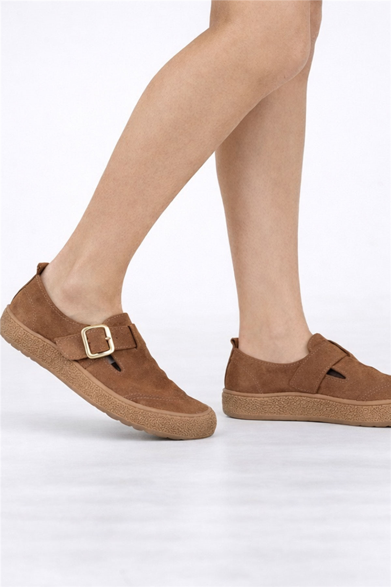 Trend Adımlar Taba Hakiki Nubuk Deri Kadın Kemerli Loafer Ayakkabı