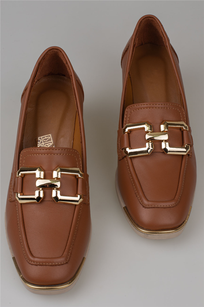 Trend Adımlar Taba Kadın Kalın Topuk Loafer Ayakkabı