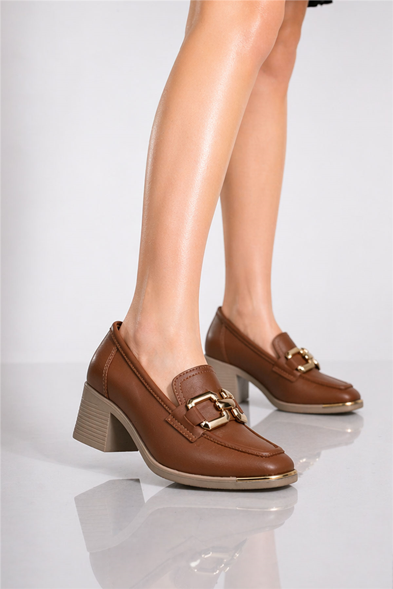 Trend Adımlar Taba Kadın Kalın Topuk Loafer Ayakkabı
