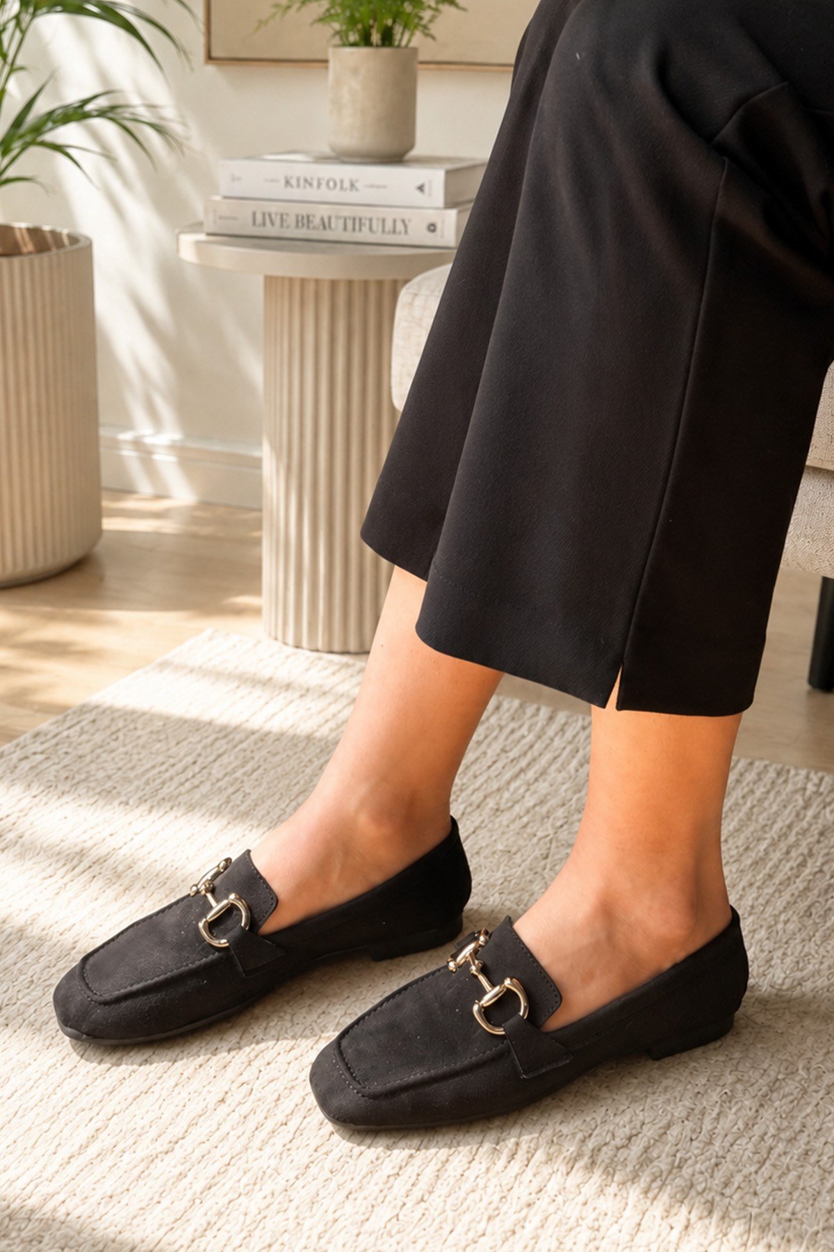 Kadın Loafer Makosen Metal Tokalı Nubuk Günlük Ayakkabı