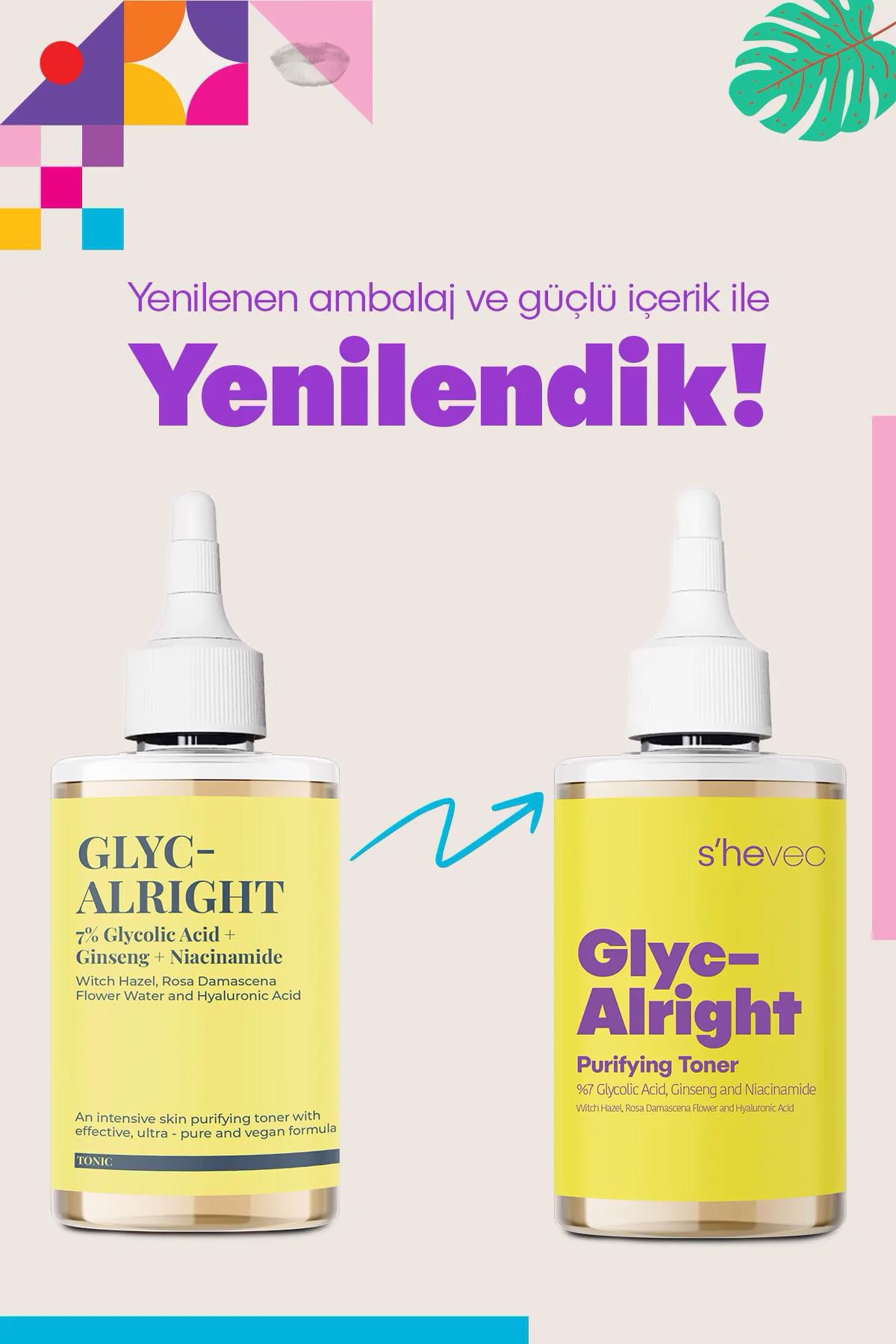 SHE VEC Glyc Alrıght | Gözenek Sıkılaştırıcı Aydınlatıcı Etkili Glikolik Asit, Ginseng Niacinamide Tonik