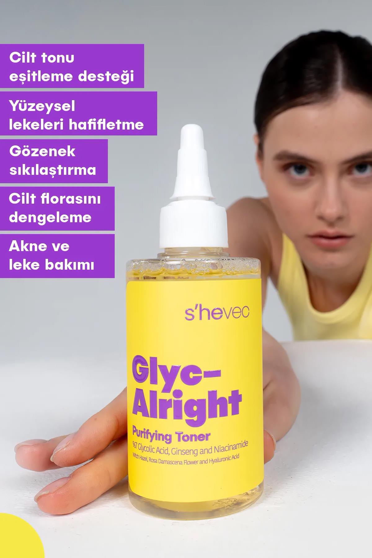 SHE VEC Glyc Alrıght | Gözenek Sıkılaştırıcı Aydınlatıcı Etkili Glikolik Asit, Ginseng Niacinamide Tonik