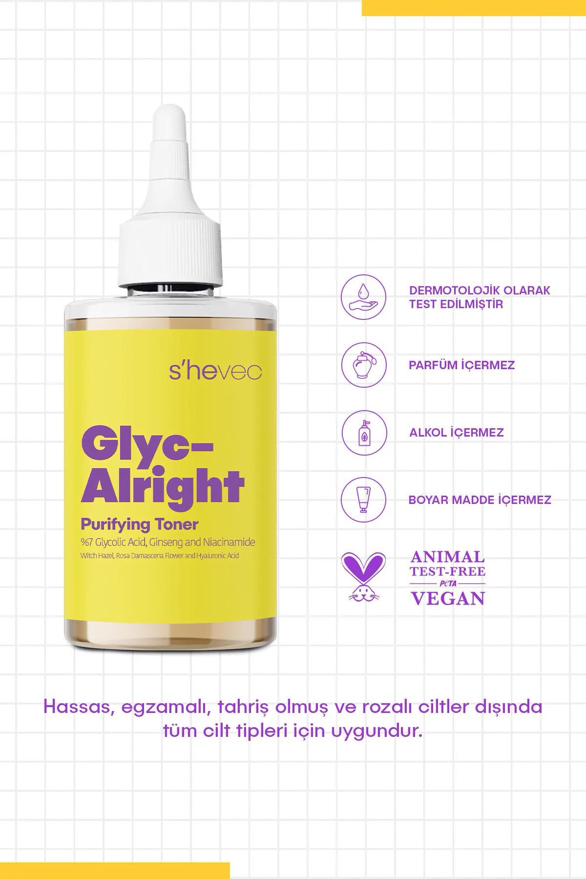 SHE VEC Glyc Alrıght | Gözenek Sıkılaştırıcı Aydınlatıcı Etkili Glikolik Asit, Ginseng Niacinamide Tonik
