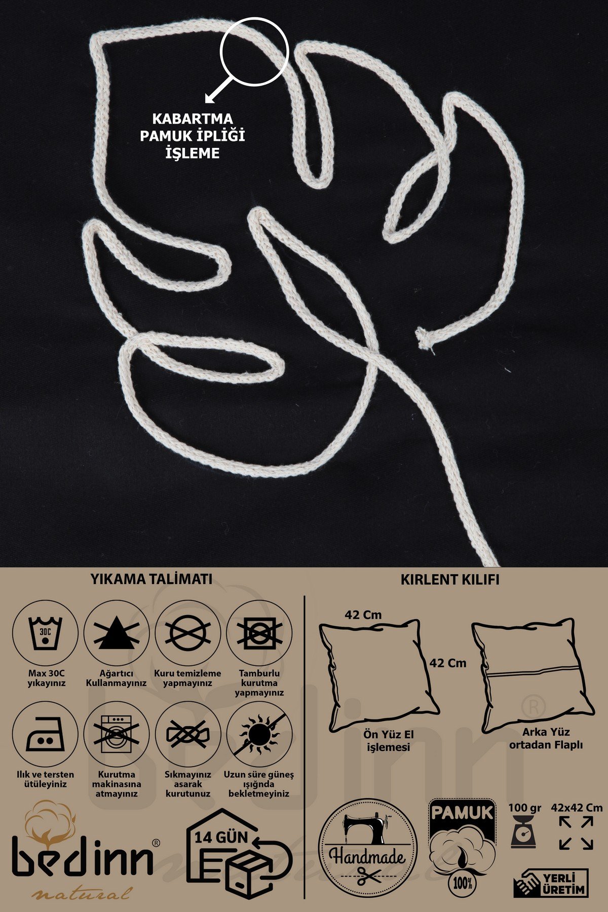 Boho Kırlent Kılıfı Yaprak Çizgi Sanatı Siyah, Tek Çizgi Sanatı, Minimalist Çizim 42x42 Cm