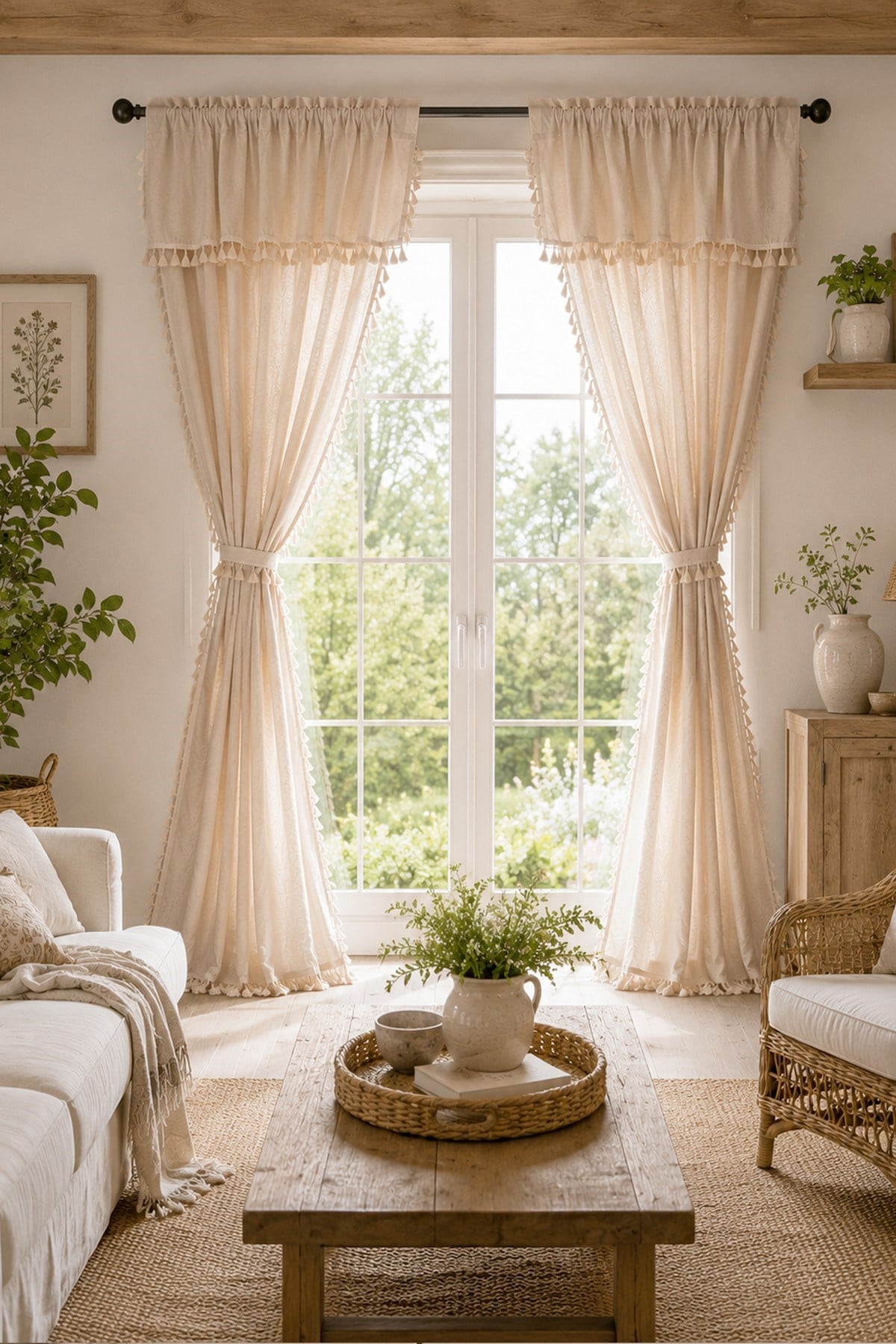 Cozy Boho Naturel Püsküllü Fon Perde - Tek Kanat, rustik ve Korniş Uyumlu