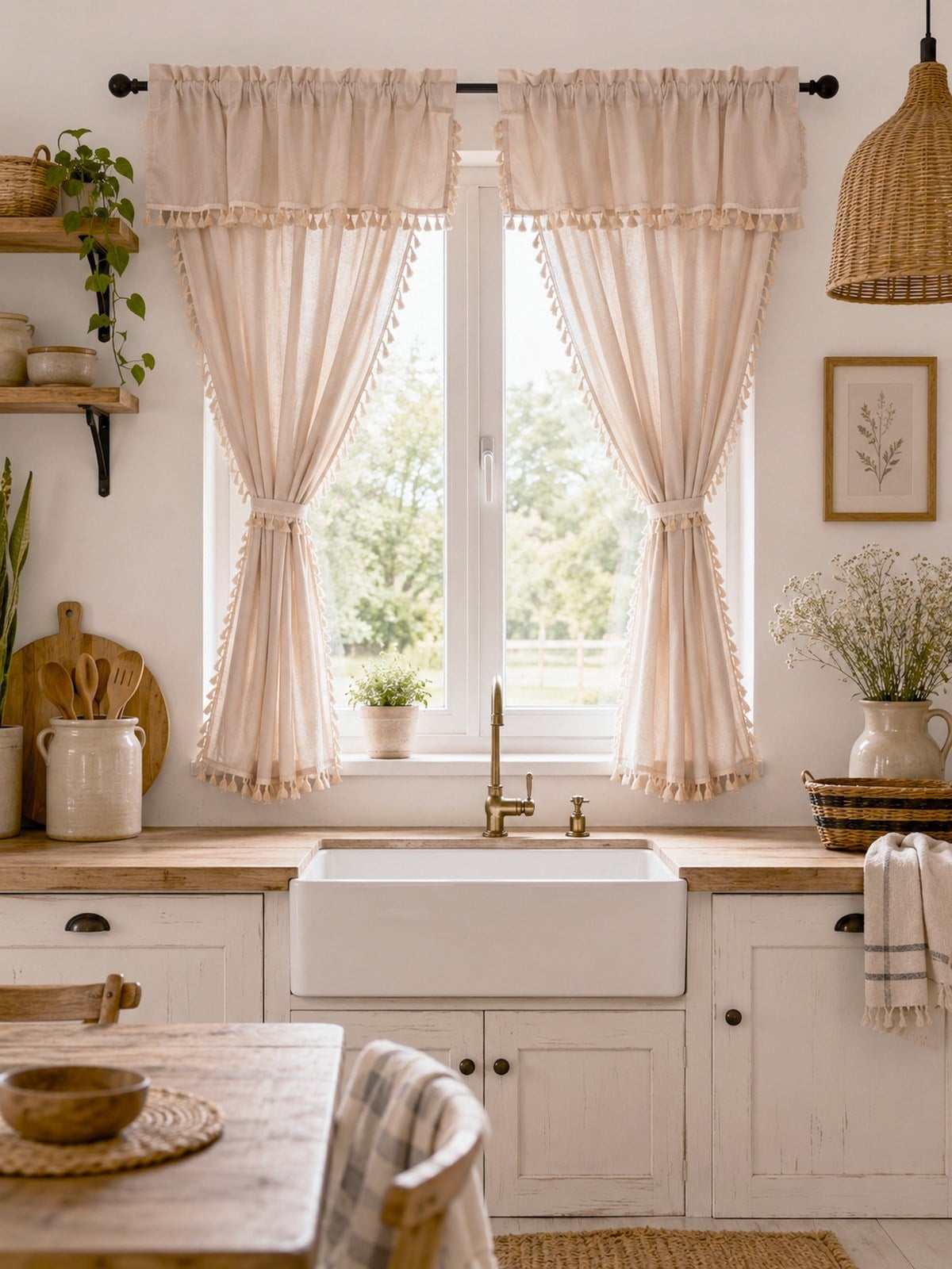 Cozy Boho Naturel Püsküllü Fon Perde - Tek Kanat, rustik ve Korniş Uyumlu
