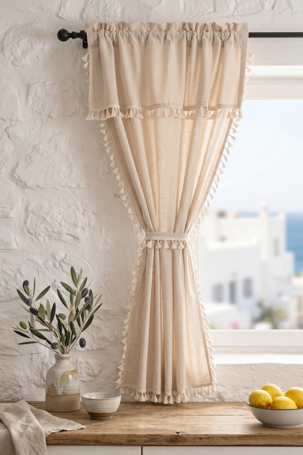 Cozy Boho Naturel Püsküllü Fon Perde - Tek Kanat, rustik ve Korniş Uyumlu