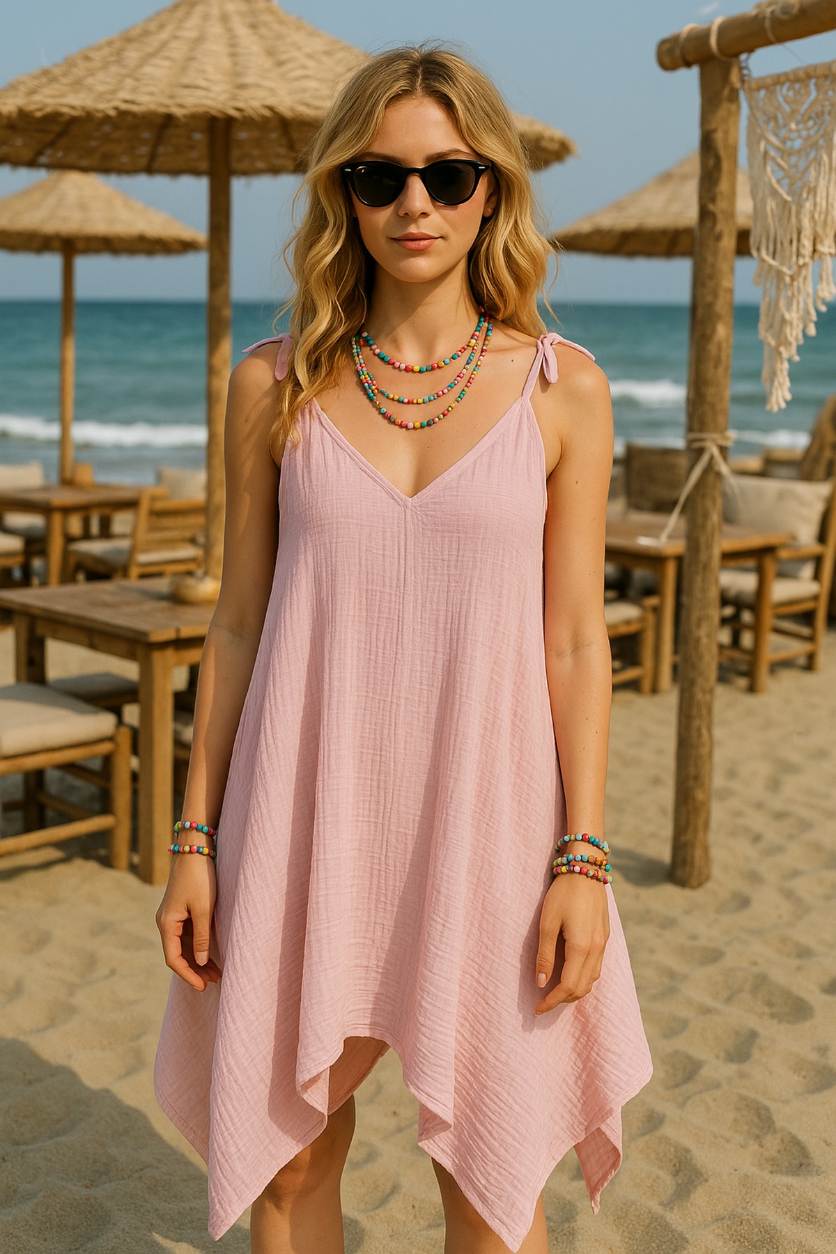 Müslin Asimetrik Elbise - Plaj ve Günlük Kullanım İçin