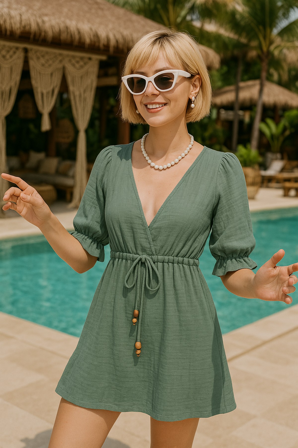 Muslin Mini Dress V Neck Boho - Beachwear