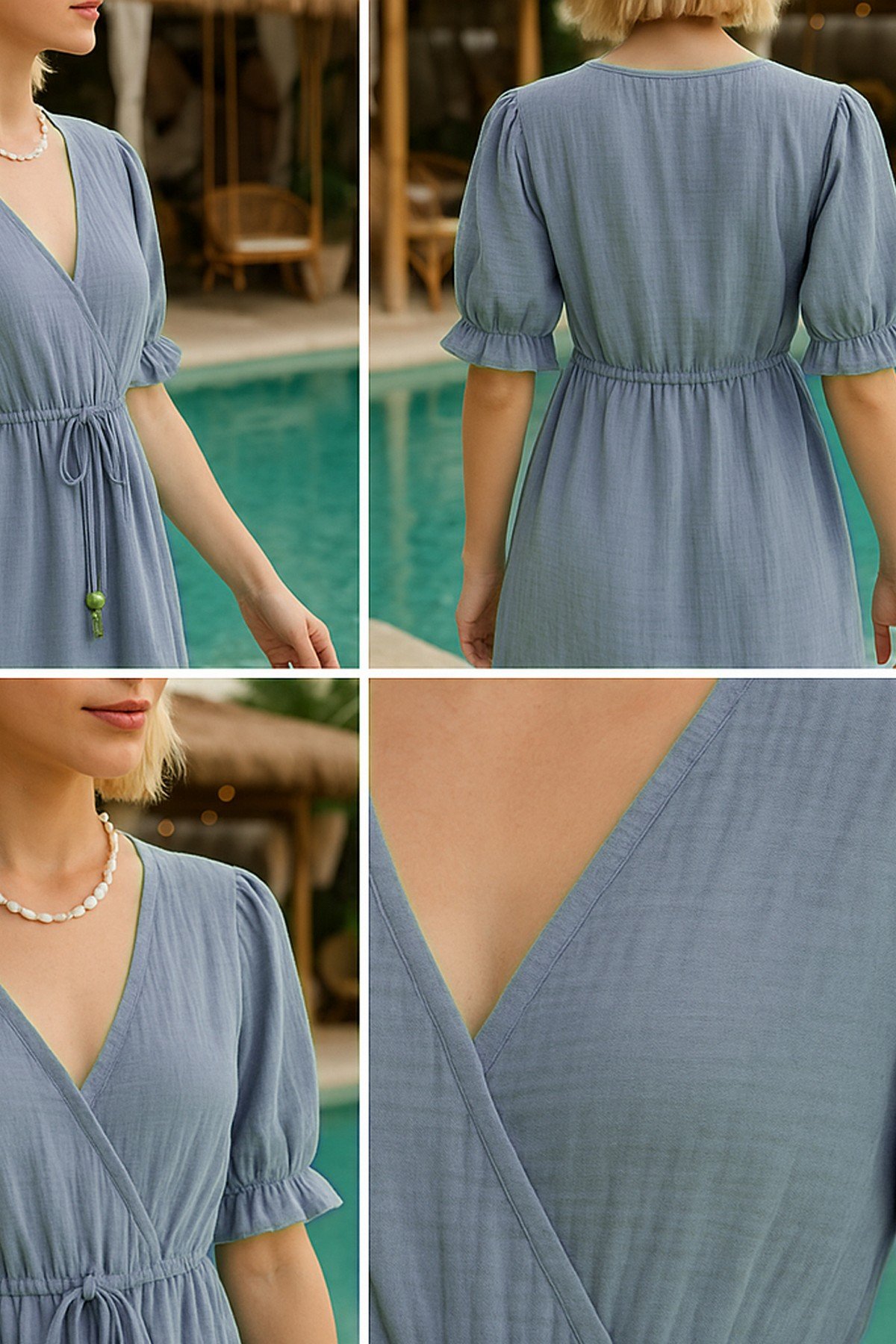 Muslin Mini Dress V Neck Boho - Beachwear
