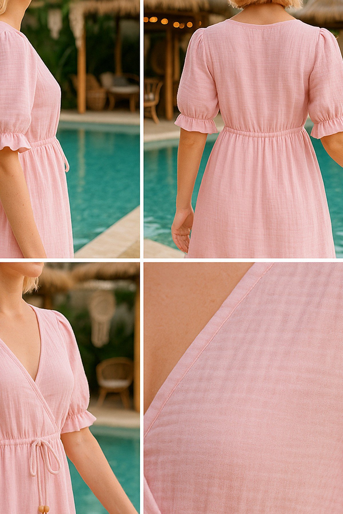 Muslin Mini Dress V Neck Boho - Beachwear
