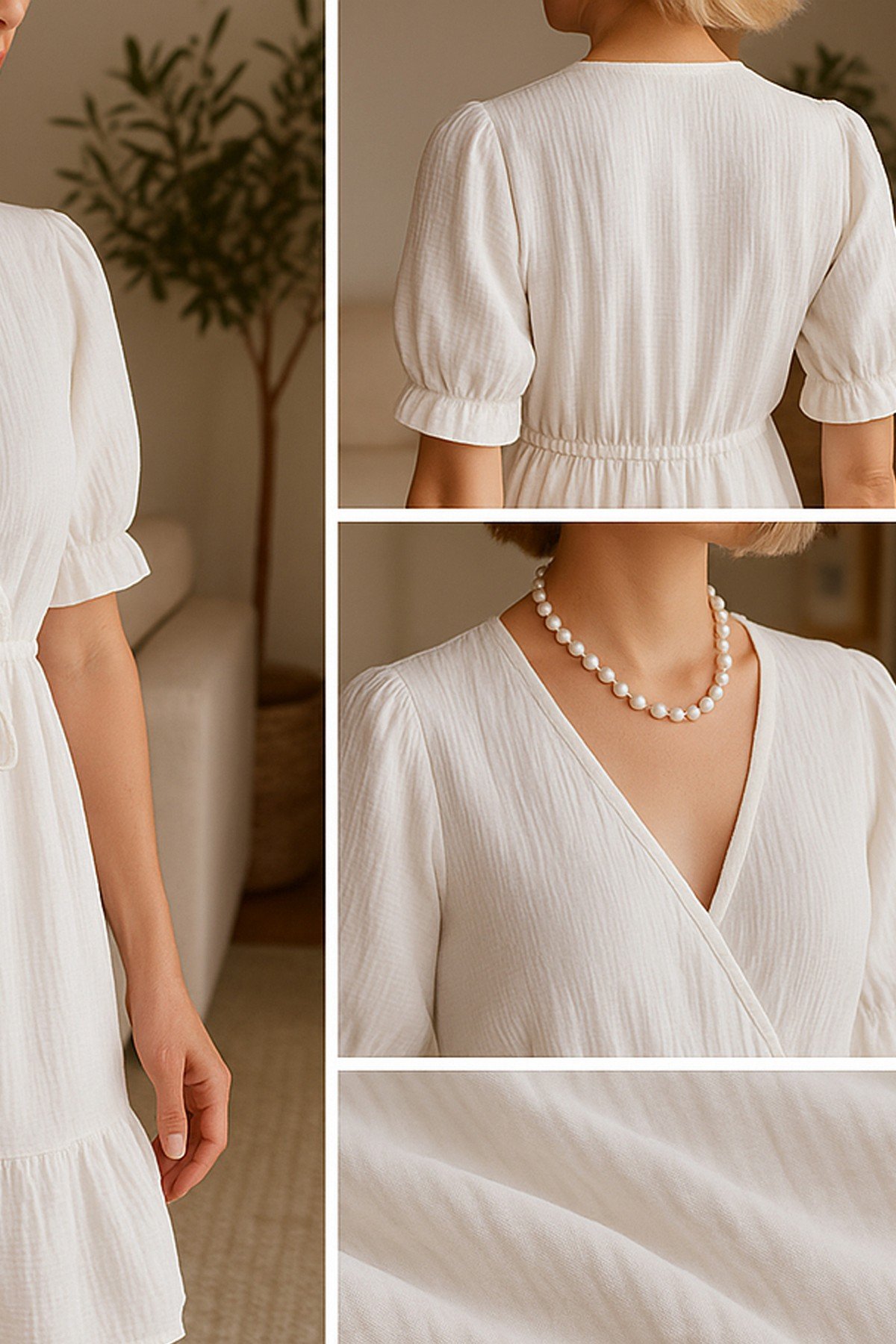 Muslin Mini Dress V Neck Boho - Beachwear