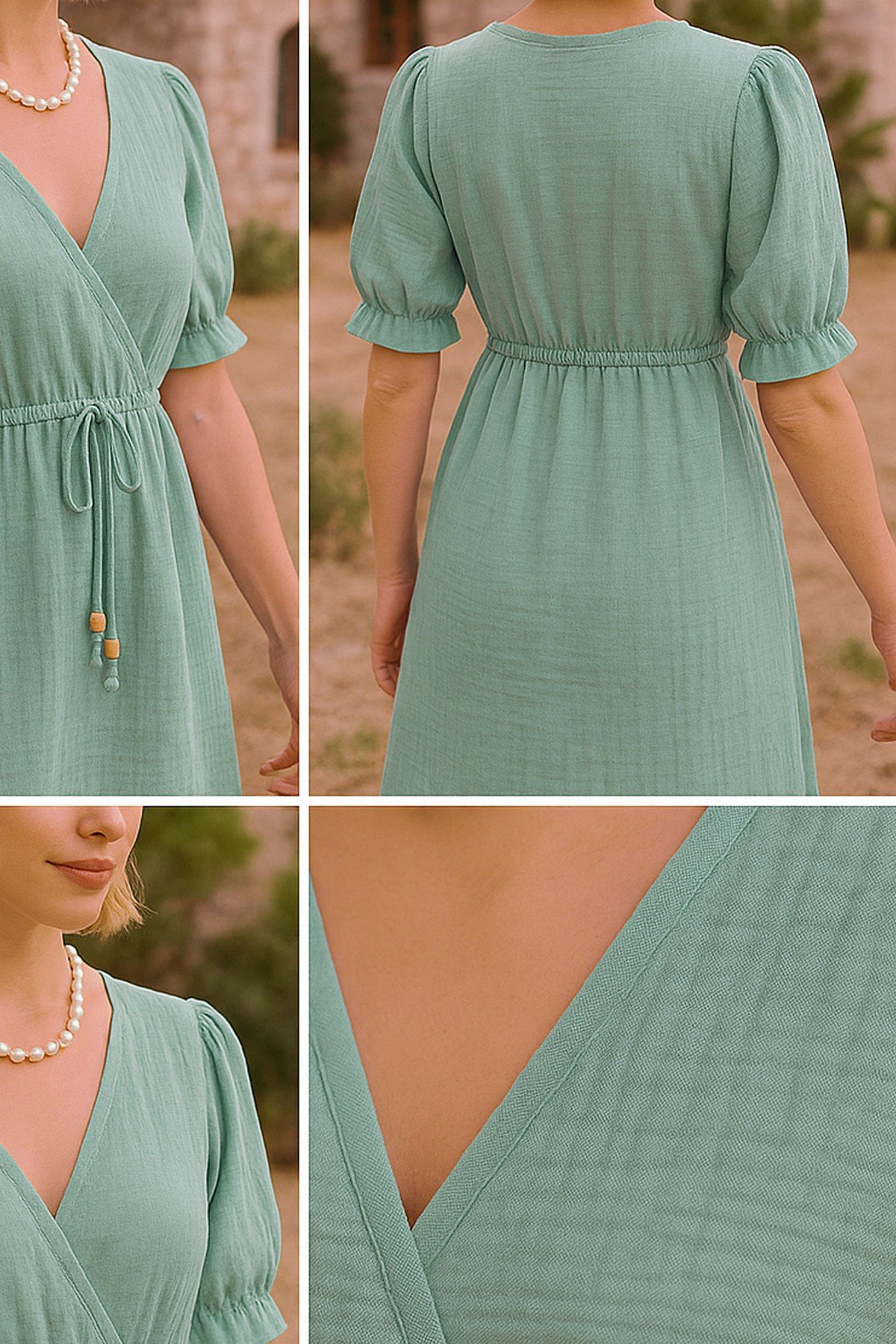 Muslin Mini Dress V Neck Boho - Beachwear