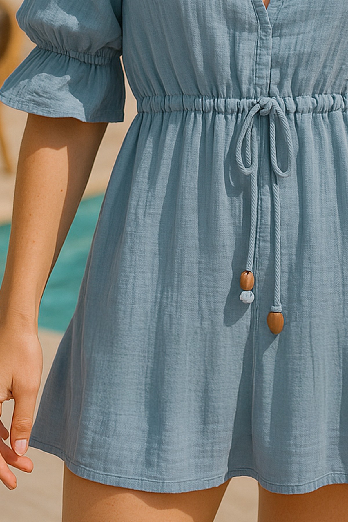 Muslin Mini Dress V Neck Boho - Beachwear