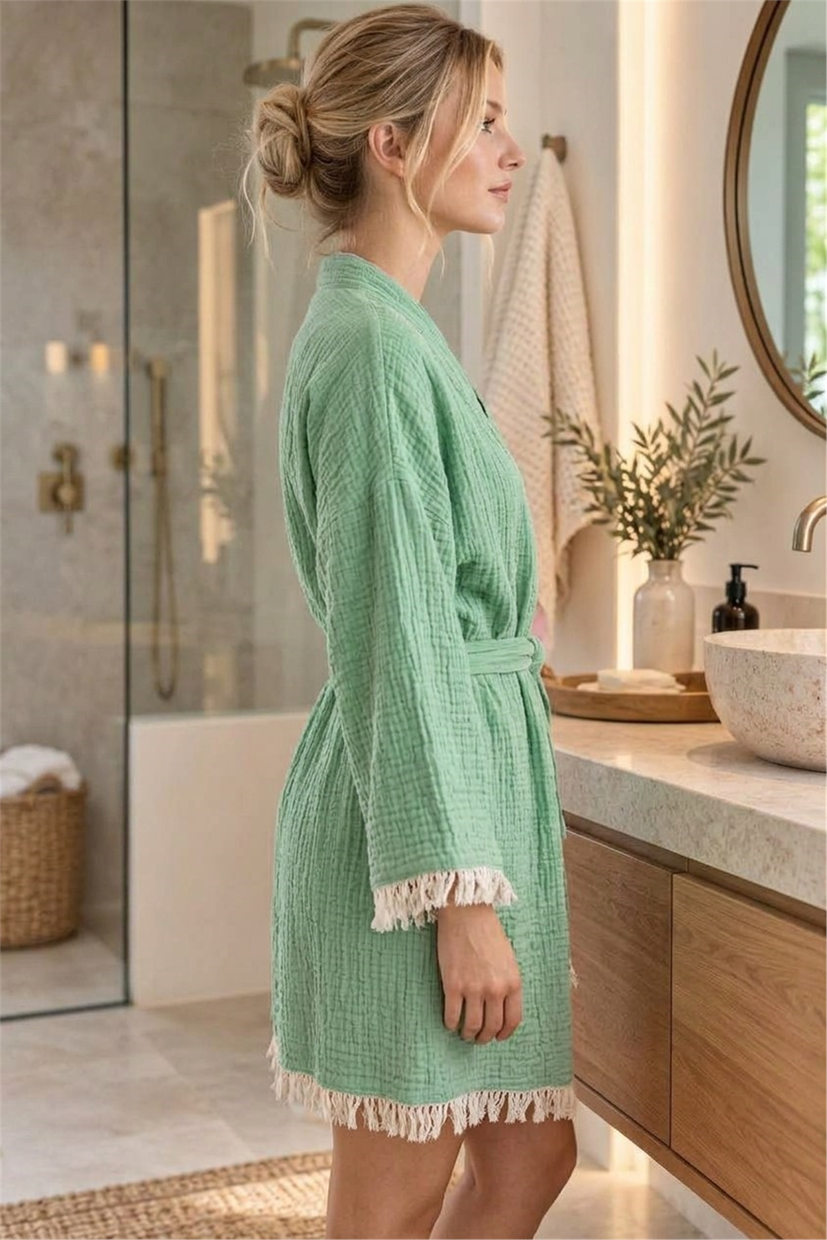 Müslin Peştemal Kimono Bornoz Kısa - %100 Pamuk, Doğal Dokulu