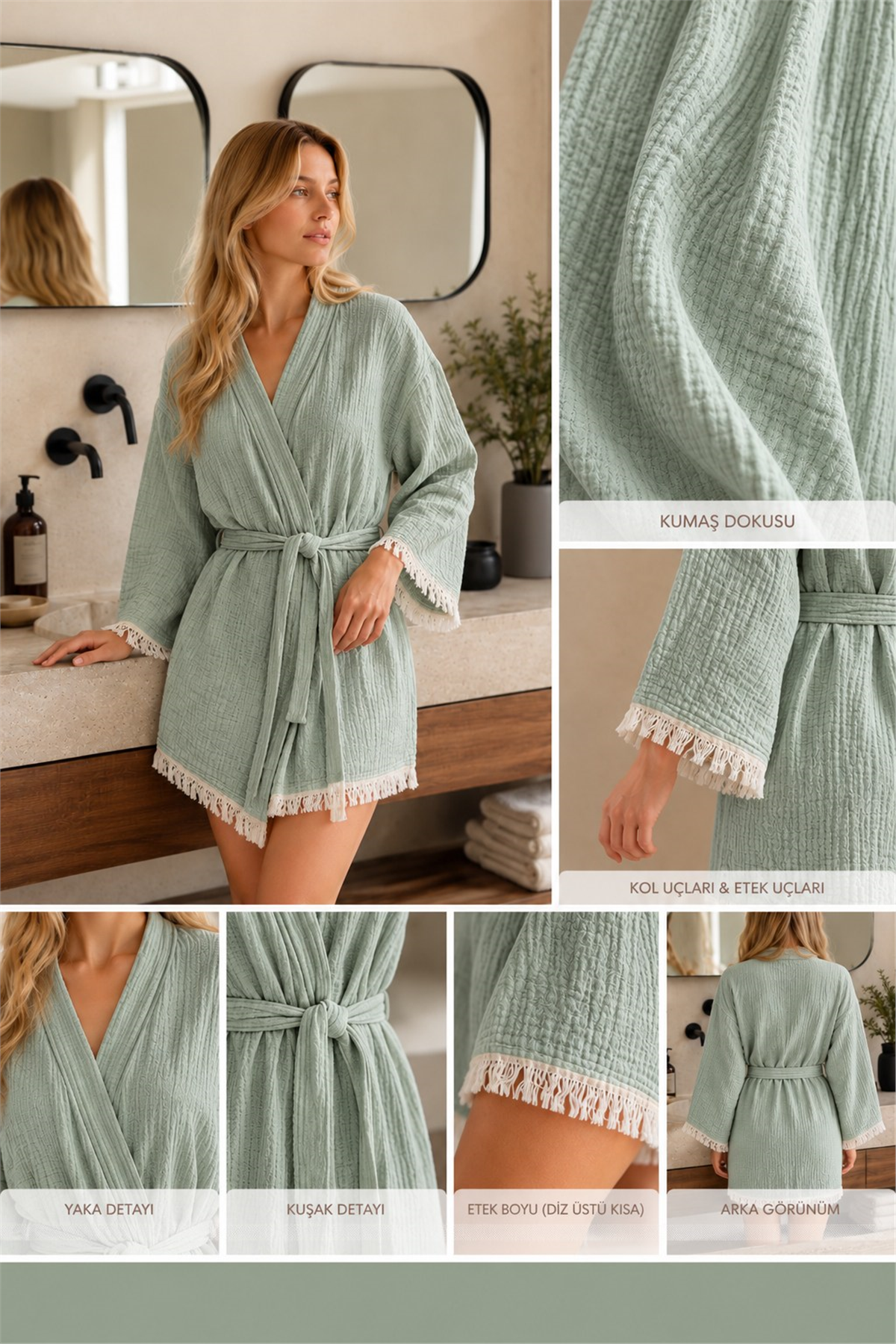 Müslin Peştemal Kimono Bornoz Kısa - %100 Pamuk, Doğal Dokulu