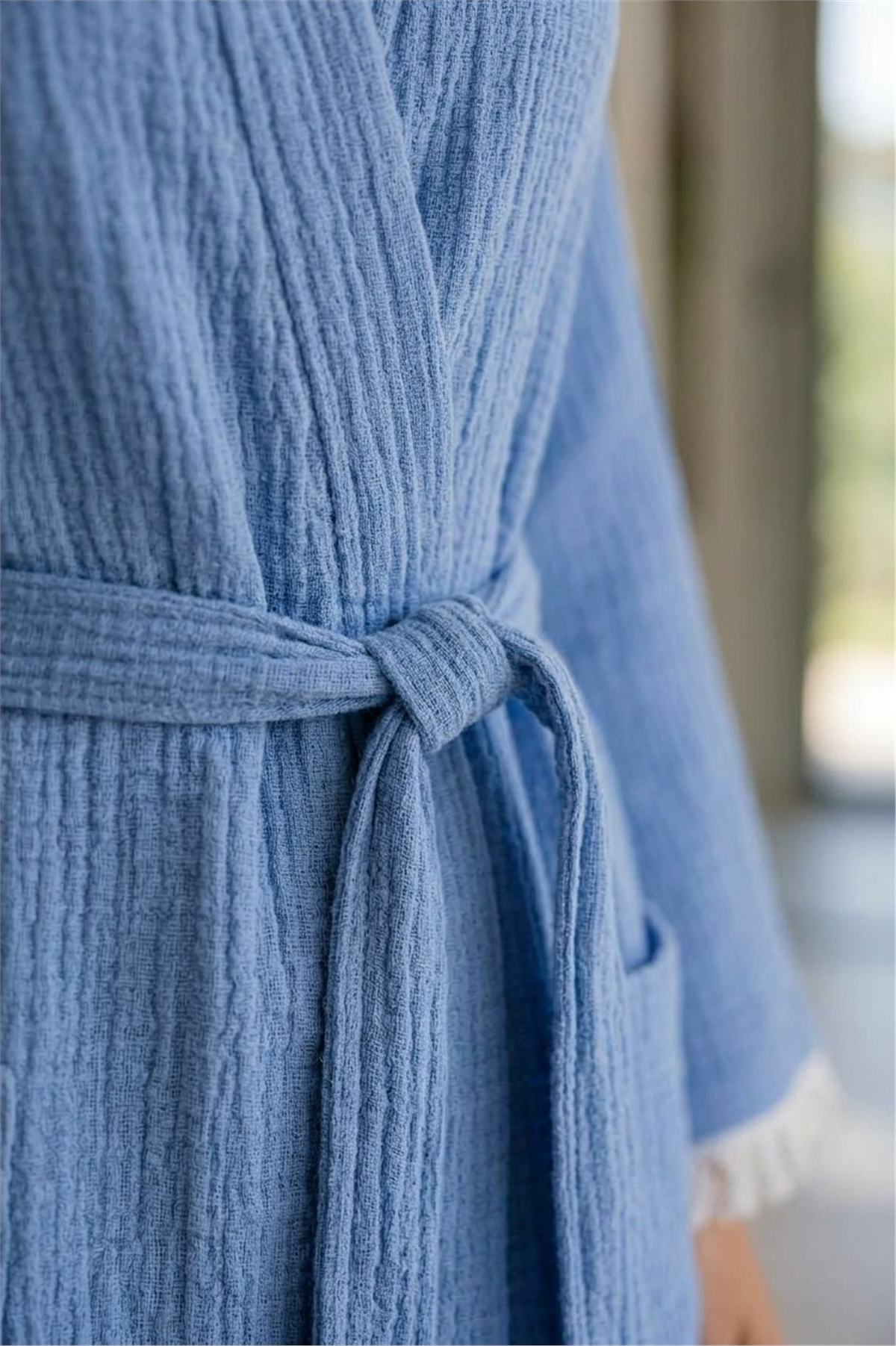 Müslin Peştemal Kimono Bornoz Kısa - %100 Pamuk, Doğal Dokulu