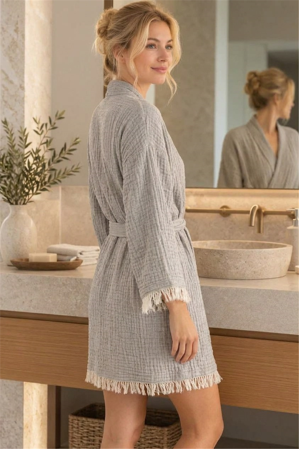 Müslin Peştemal Kimono Bornoz Kısa - %100 Pamuk, Doğal Dokulu