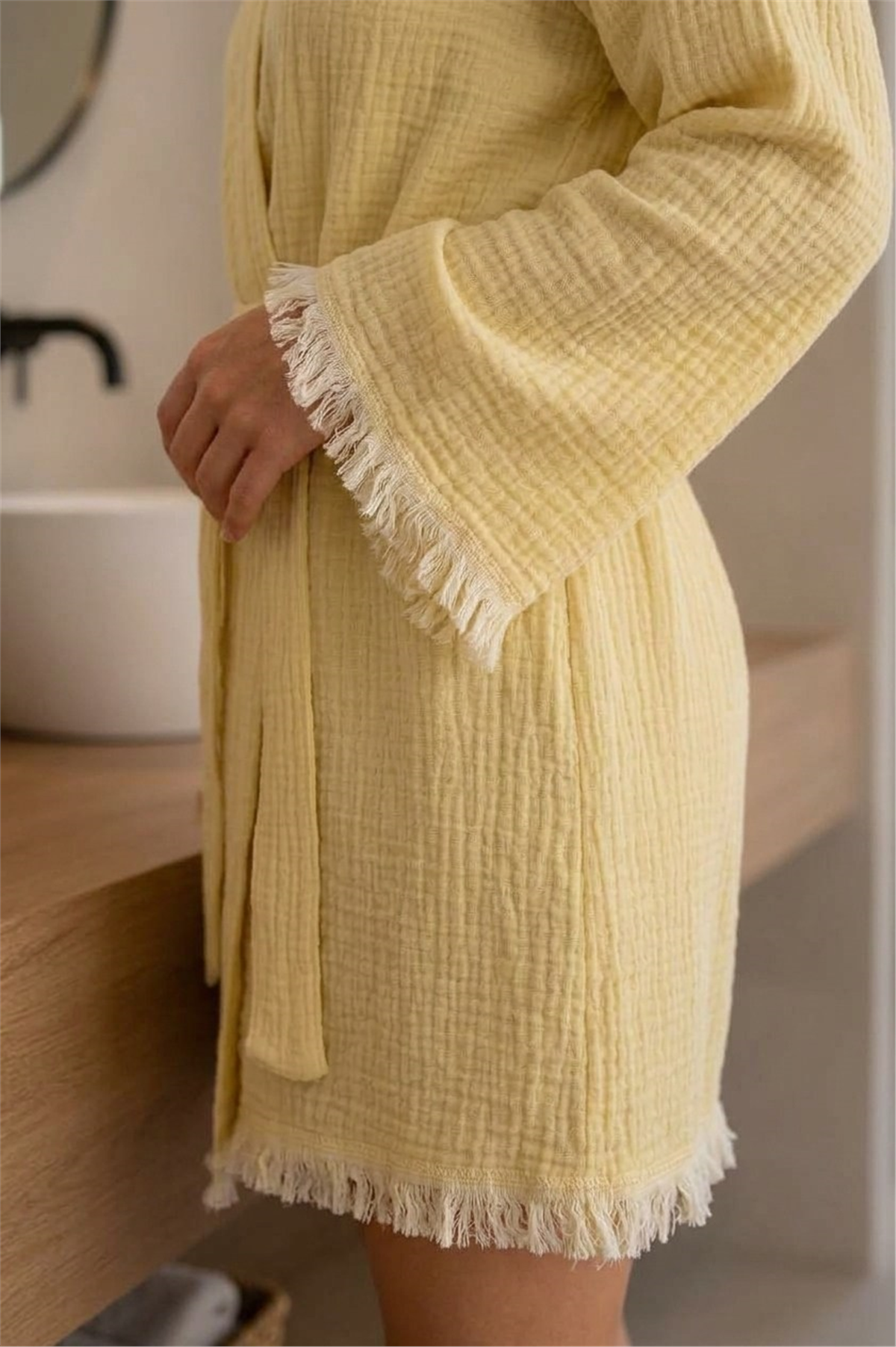 Müslin Peştemal Kimono Bornoz Kısa - %100 Pamuk, Doğal Dokulu