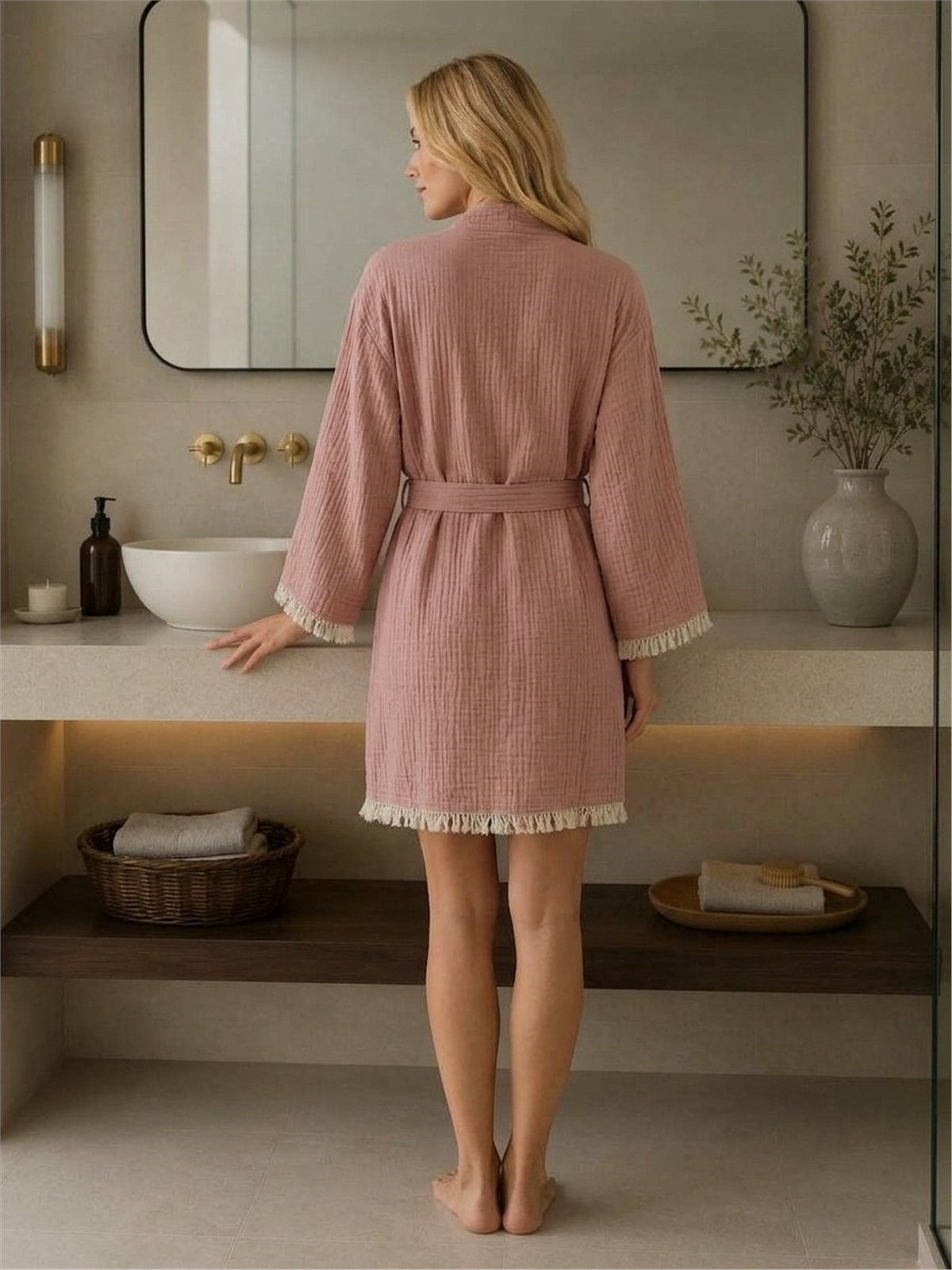 Müslin Peştemal Kimono Bornoz Kısa - %100 Pamuk, Doğal Dokulu
