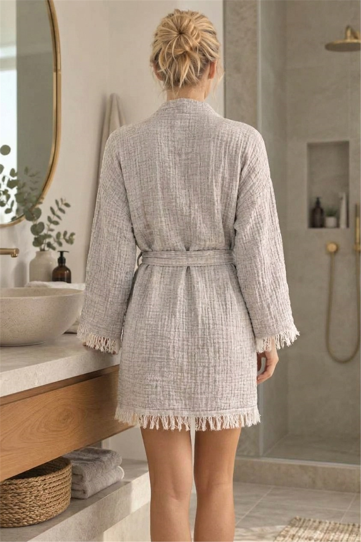 Müslin Peştemal Kimono Bornoz Kısa - %100 Pamuk, Doğal Dokulu