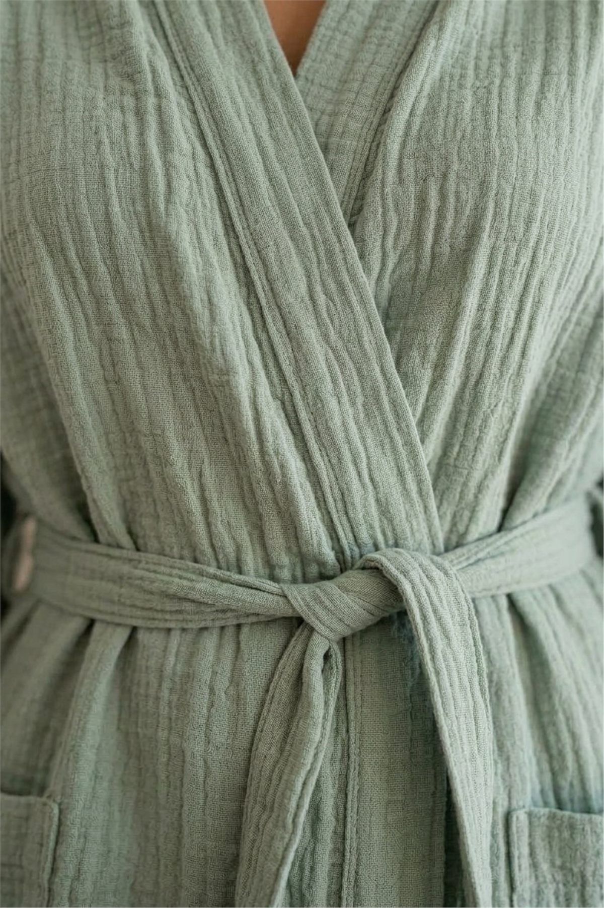 Müslin Peştemal Kimono Bornoz Kısa - %100 Pamuk, Doğal Dokulu