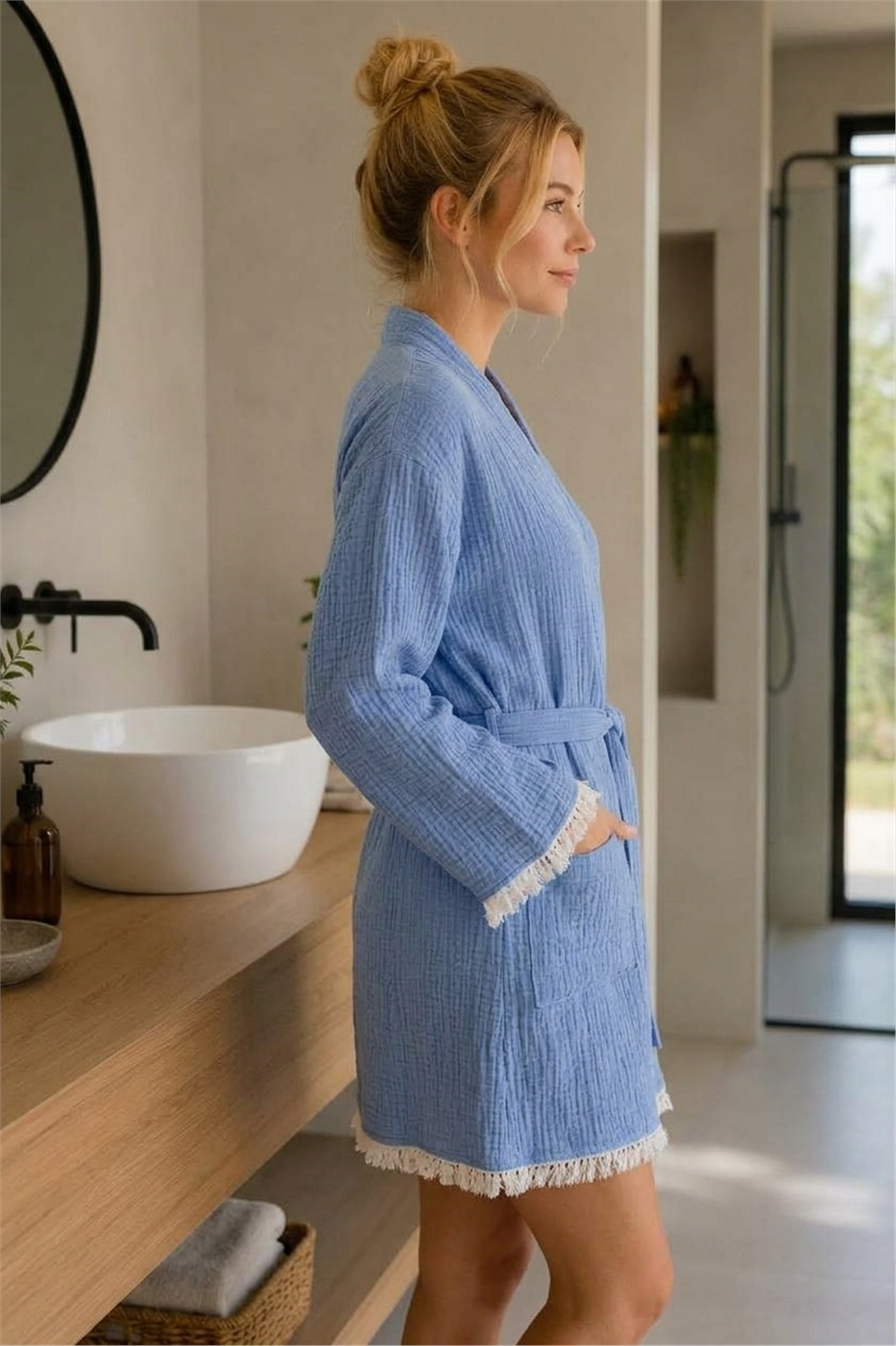 Müslin Peştemal Kimono Bornoz Kısa - %100 Pamuk, Doğal Dokulu