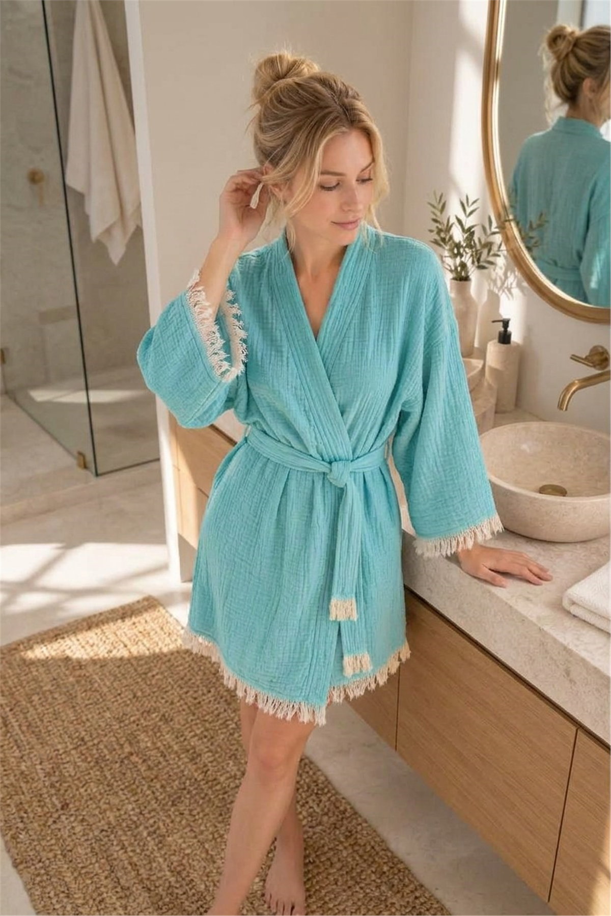 Müslin Peştemal Kimono Bornoz Kısa - %100 Pamuk, Doğal Dokulu