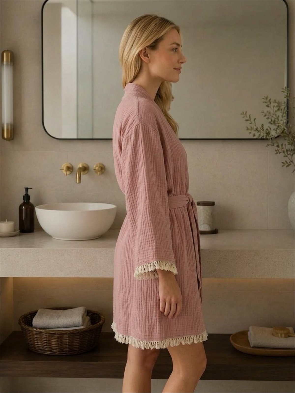 Müslin Peştemal Kimono Bornoz Kısa - %100 Pamuk, Doğal Dokulu