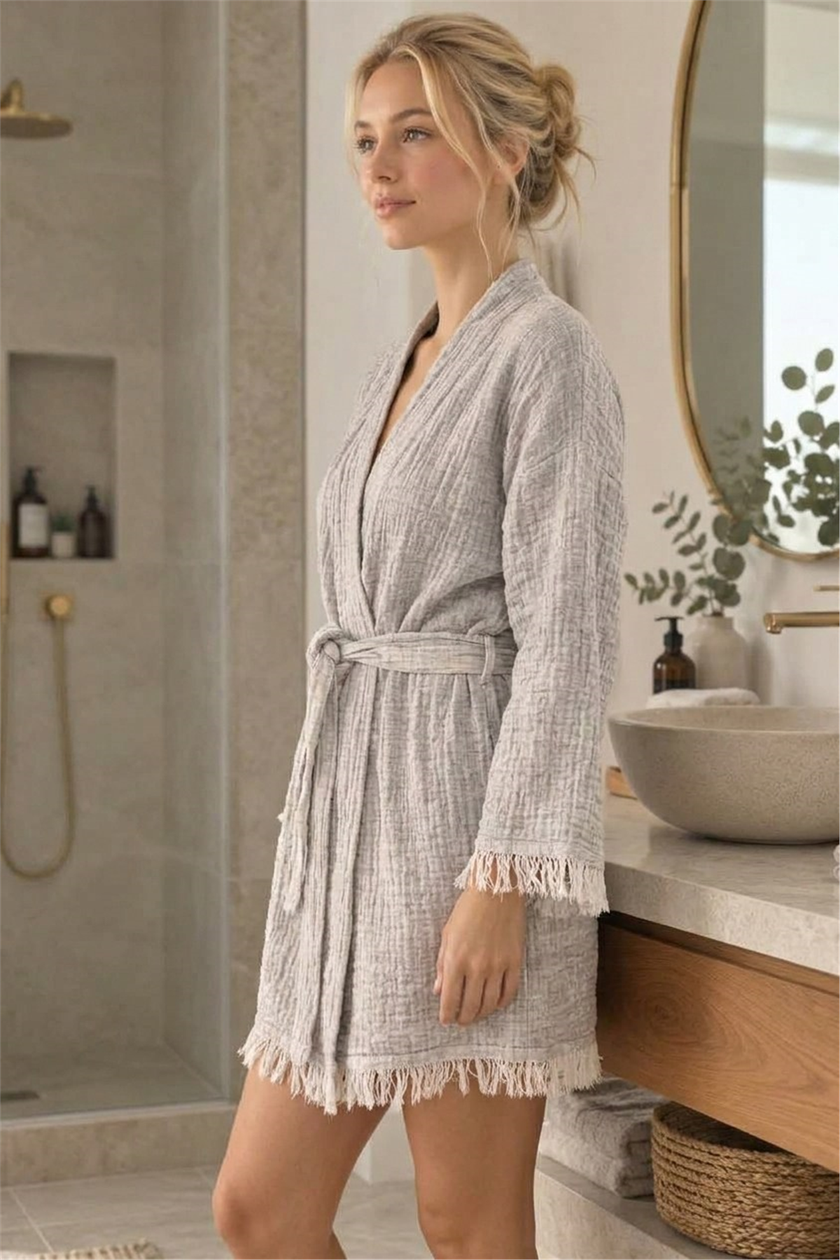 Müslin Peştemal Kimono Bornoz Kısa - %100 Pamuk, Doğal Dokulu