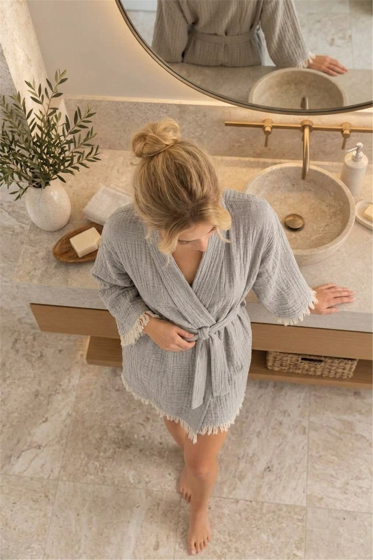 Müslin Peştemal Kimono Bornoz Kısa - %100 Pamuk, Doğal Dokulu