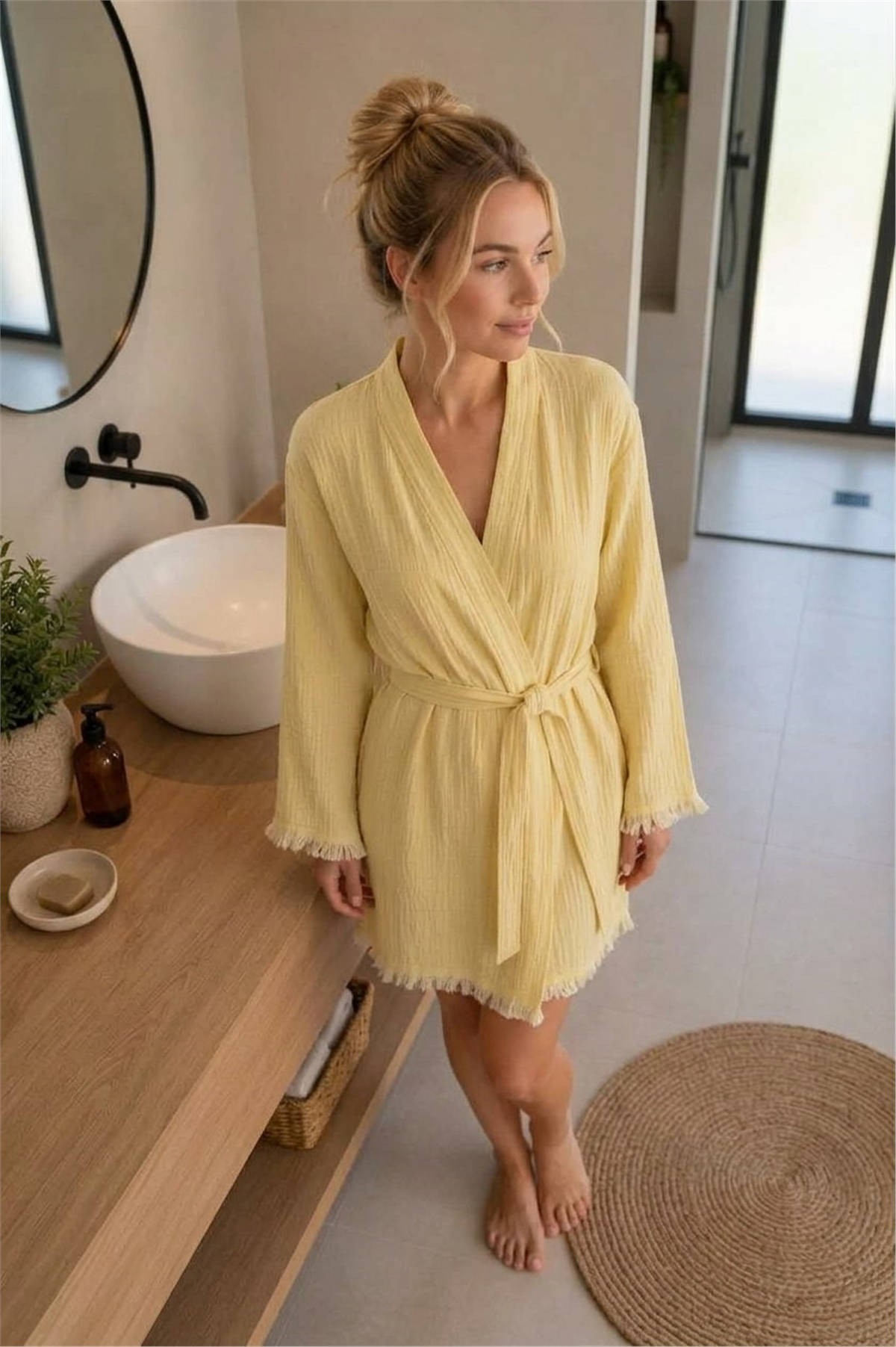 Müslin Peştemal Kimono Bornoz Kısa - %100 Pamuk, Doğal Dokulu