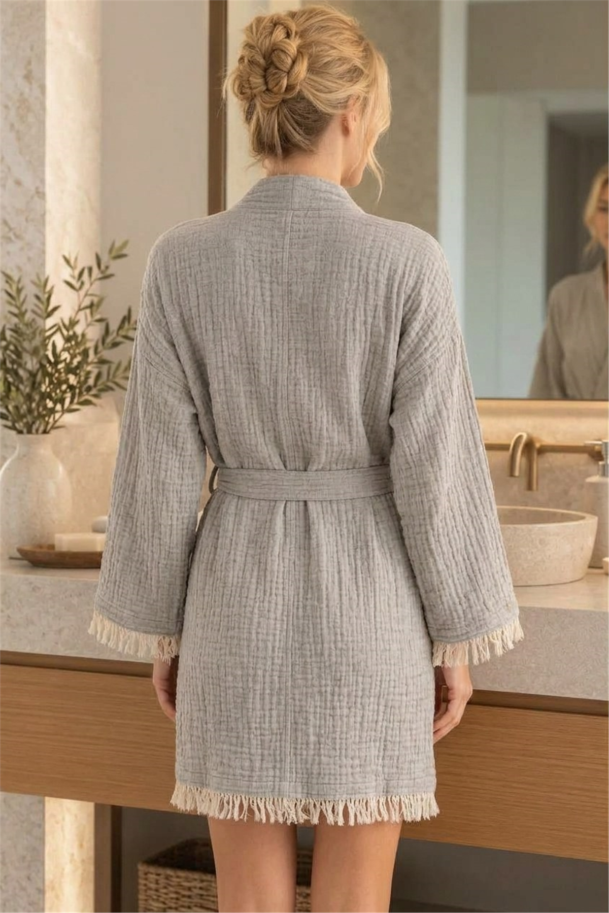 Müslin Peştemal Kimono Bornoz Kısa - %100 Pamuk, Doğal Dokulu