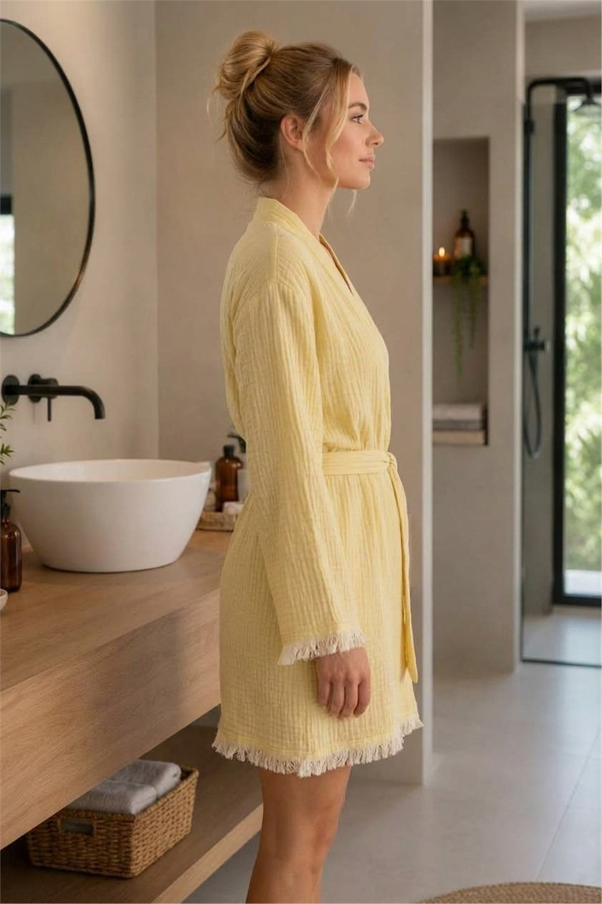 Müslin Peştemal Kimono Bornoz Kısa - %100 Pamuk, Doğal Dokulu