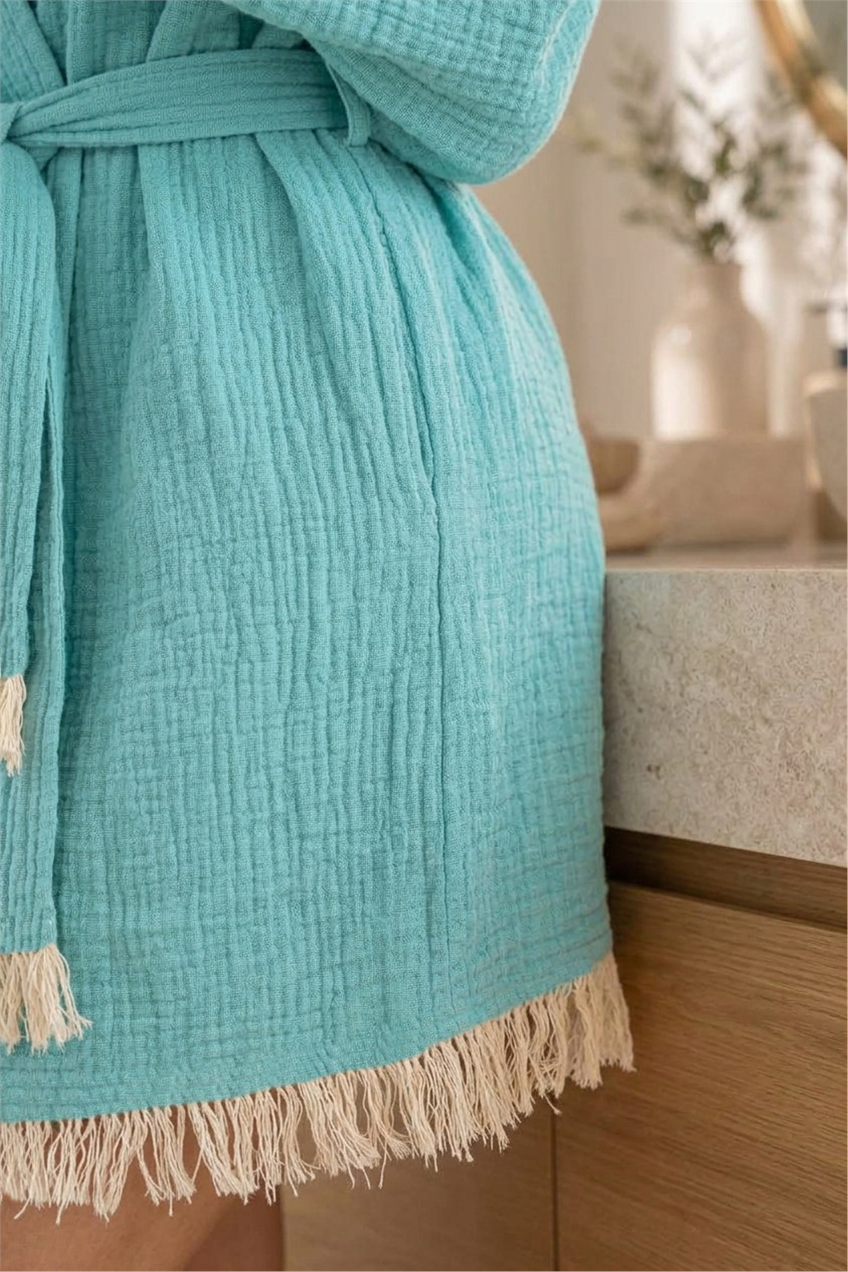 Müslin Peştemal Kimono Bornoz Kısa - %100 Pamuk, Doğal Dokulu