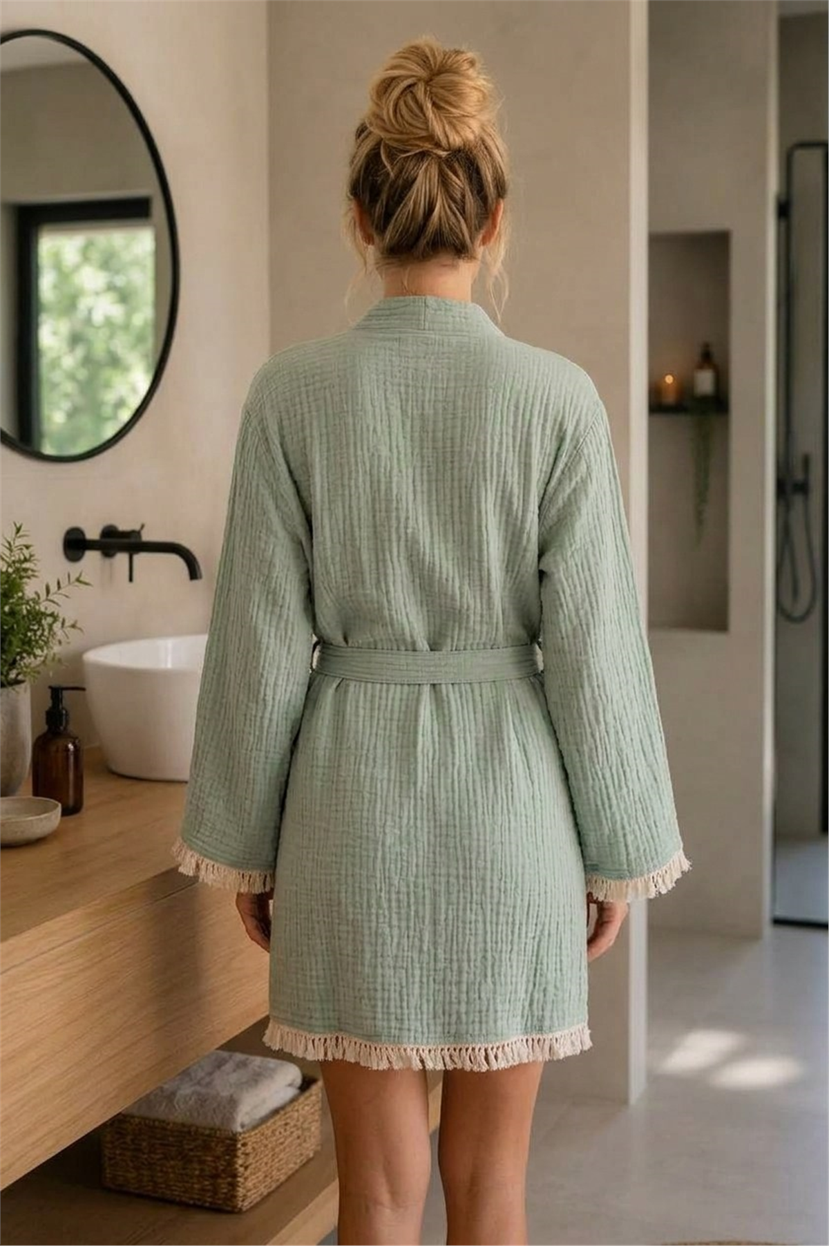Müslin Peştemal Kimono Bornoz Kısa - %100 Pamuk, Doğal Dokulu