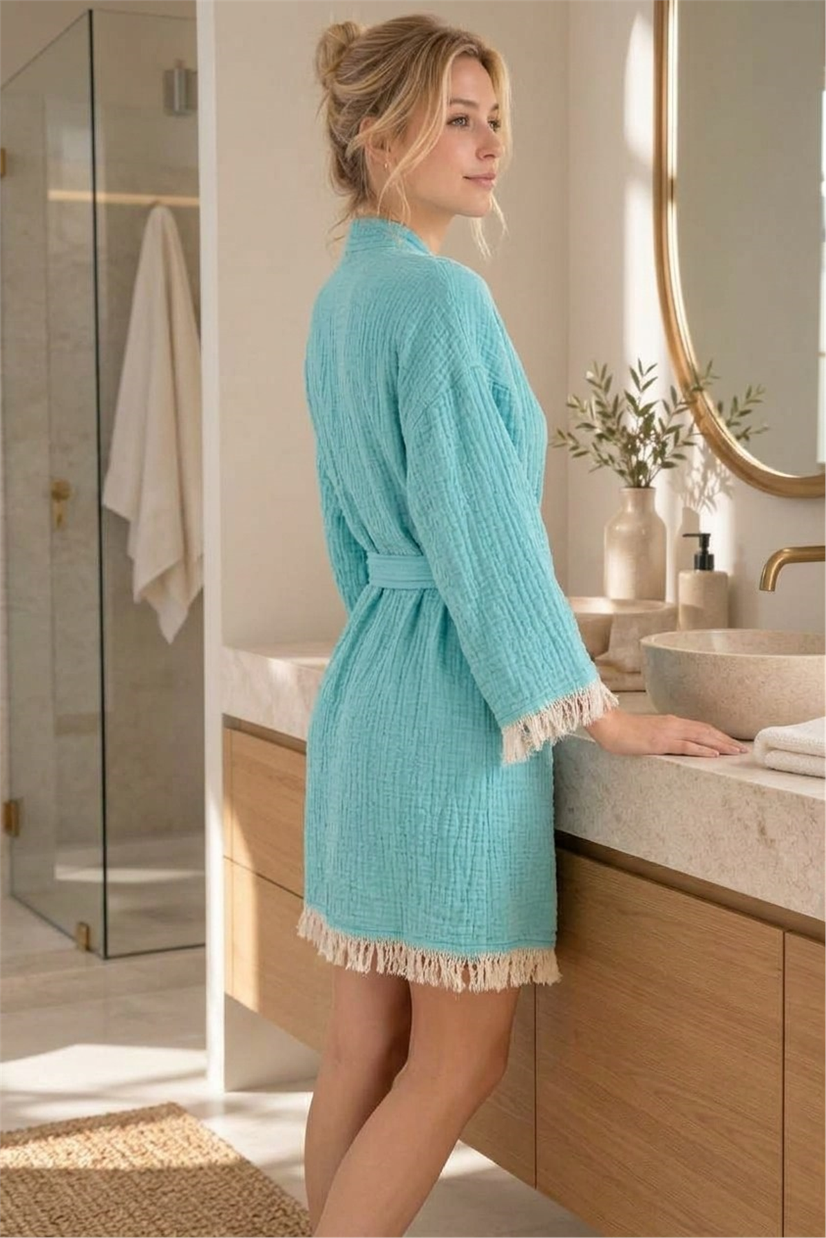 Müslin Peştemal Kimono Bornoz Kısa - %100 Pamuk, Doğal Dokulu