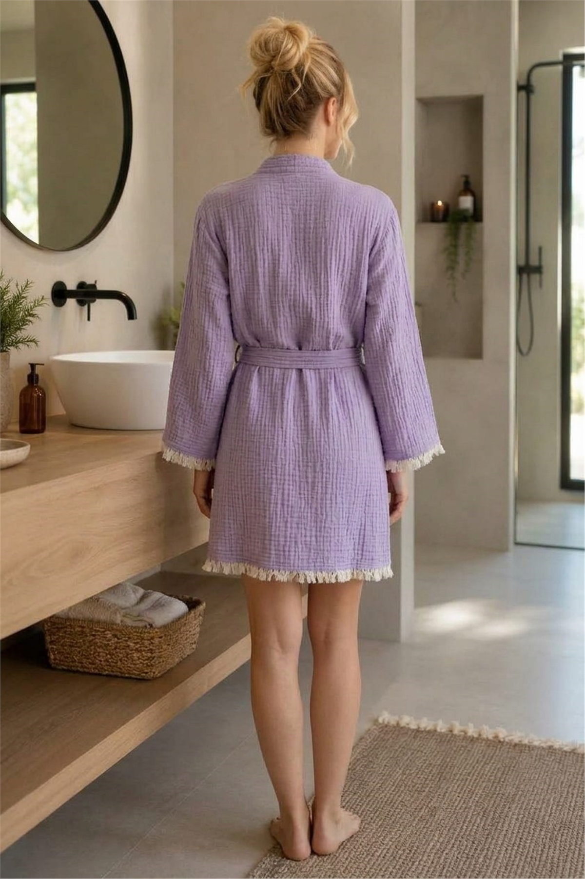 Müslin Peştemal Kimono Bornoz Kısa - %100 Pamuk, Doğal Dokulu