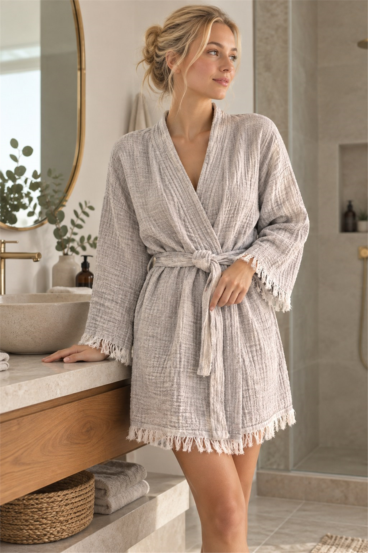 Müslin Peştemal Kimono Bornoz Kısa - %100 Pamuk, Doğal Dokulu