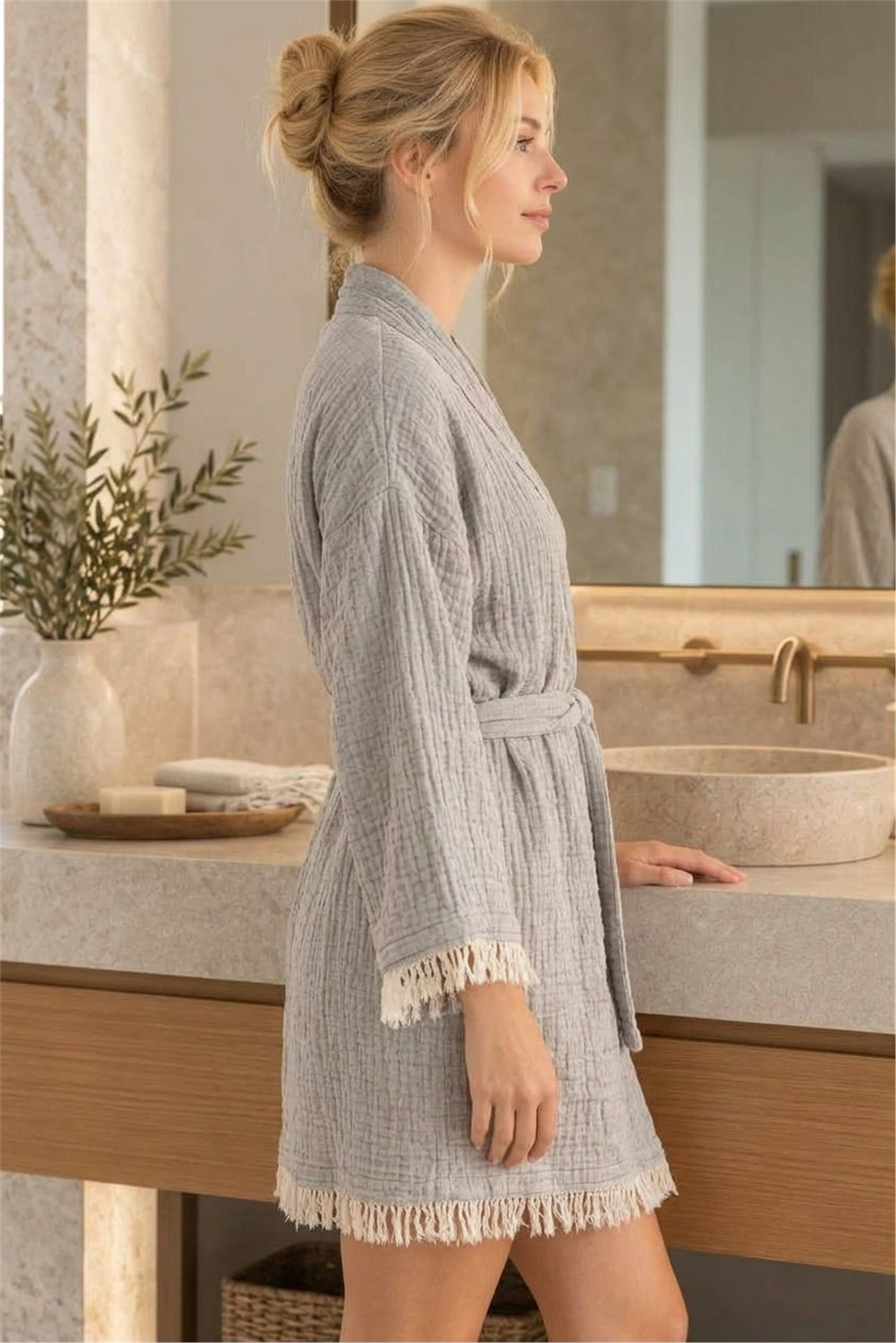 Müslin Peştemal Kimono Bornoz Kısa - %100 Pamuk, Doğal Dokulu