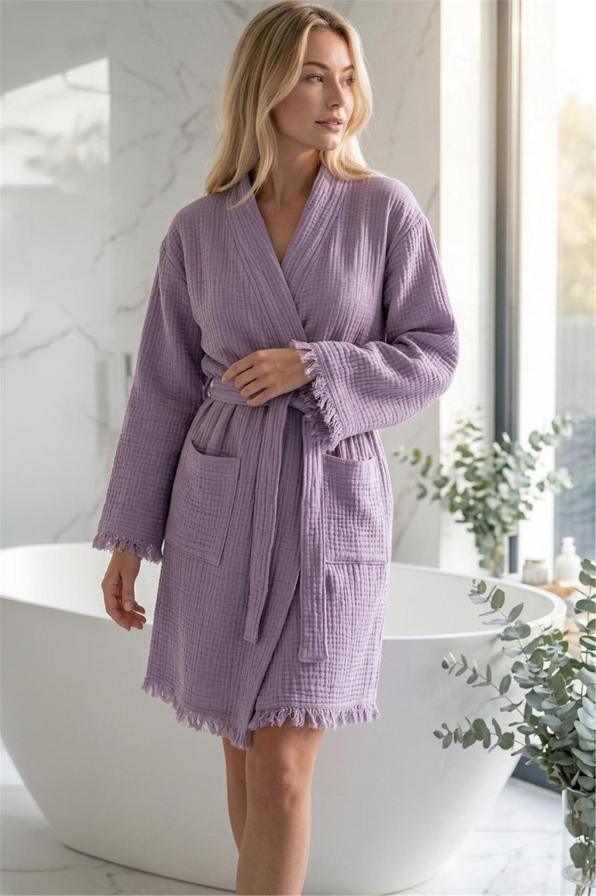Müslin Peştemal Kimono Bornoz Kısa - %100 Pamuk, Doğal Dokulu